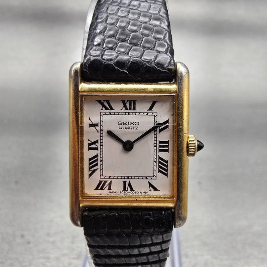 Seiko Tank Watch Women 17mm White Dial Gold Tone Rectangle 2C20-5019 New Battery0