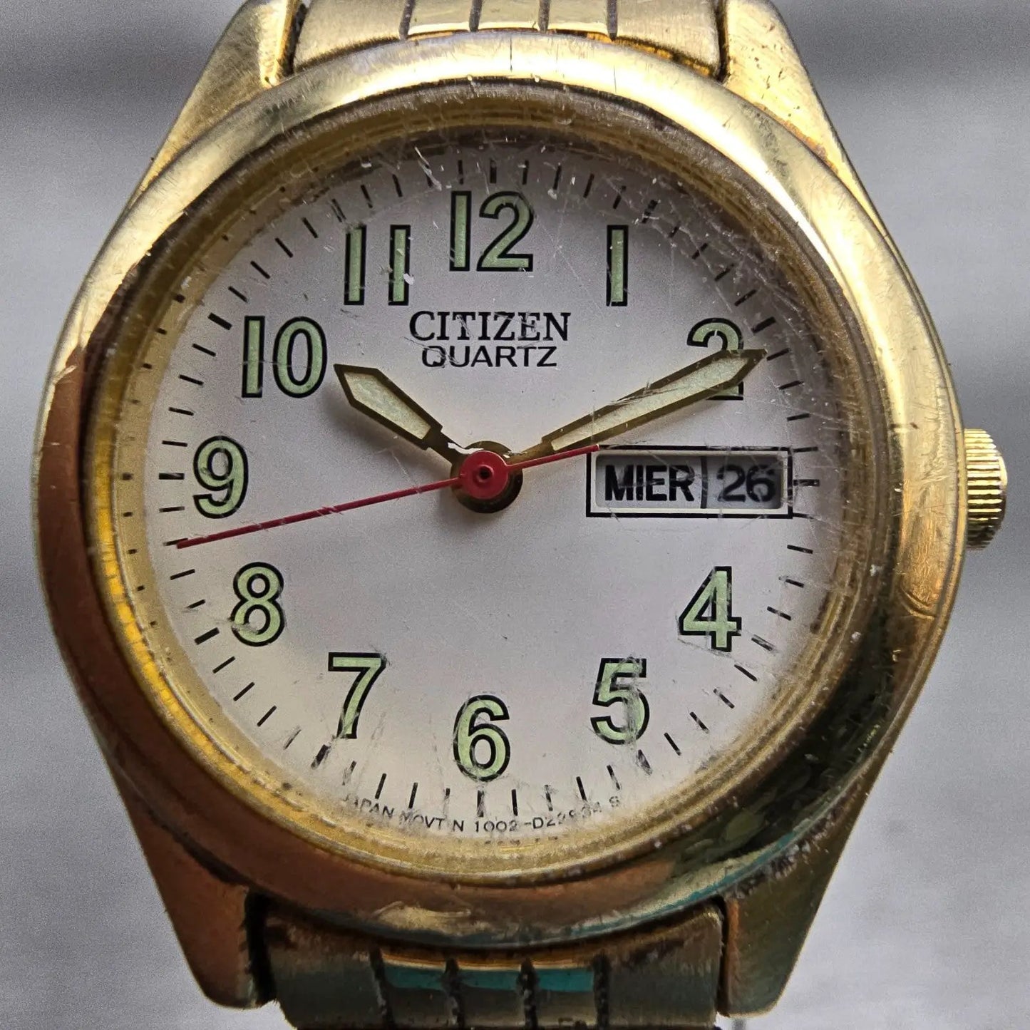 Citizen Watch Women 25mm White Dial Gold Tone Daydate Round 1002-S99442 New Batt1