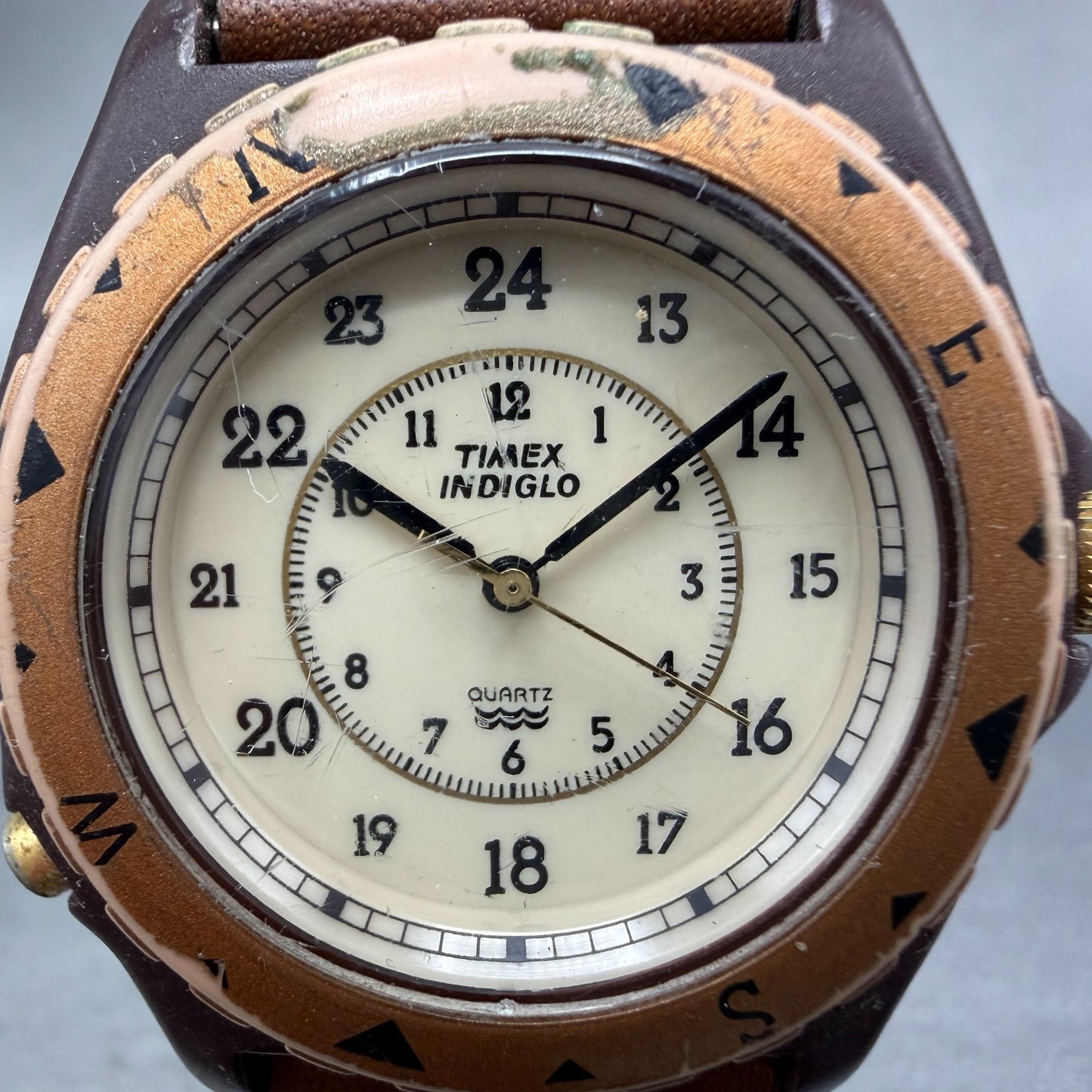 Timex Indiglo Watch Men 38mm Cream Dial Brown Tone Round New Battery VTG1