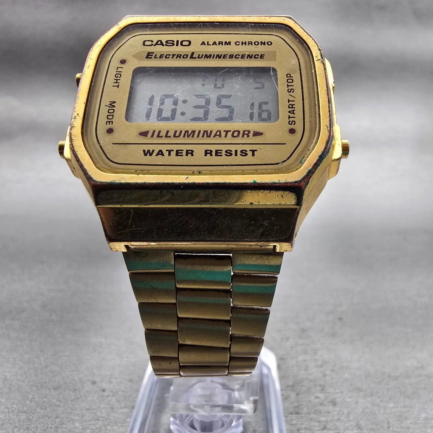 Casio Illuminator A168 Watch Men 35mm Gold Dial Gold Tone Chrono Alarm New Batt5