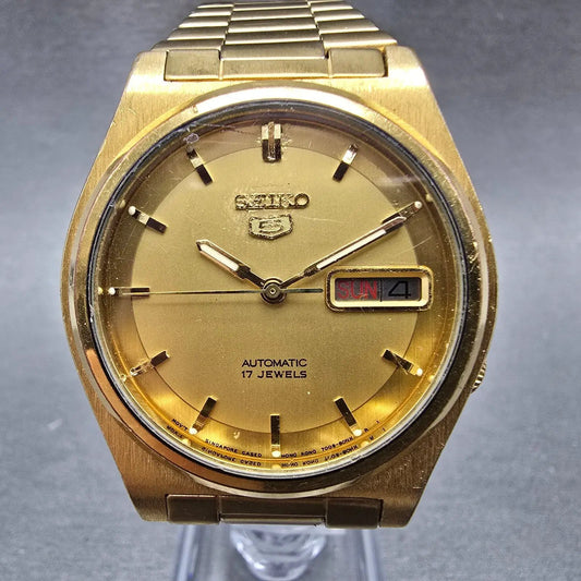 Seiko 5 Automatic Watch Men 37mm Champagne Dial Gold Tone Daydate 7009-3179 Runs0