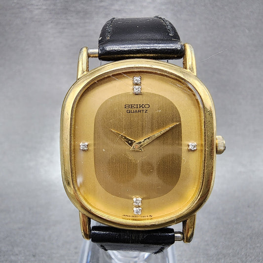 Seiko Watch Men 29mm Gold Dial Gold Tone Oval 2620-5599 New Battery Vintage