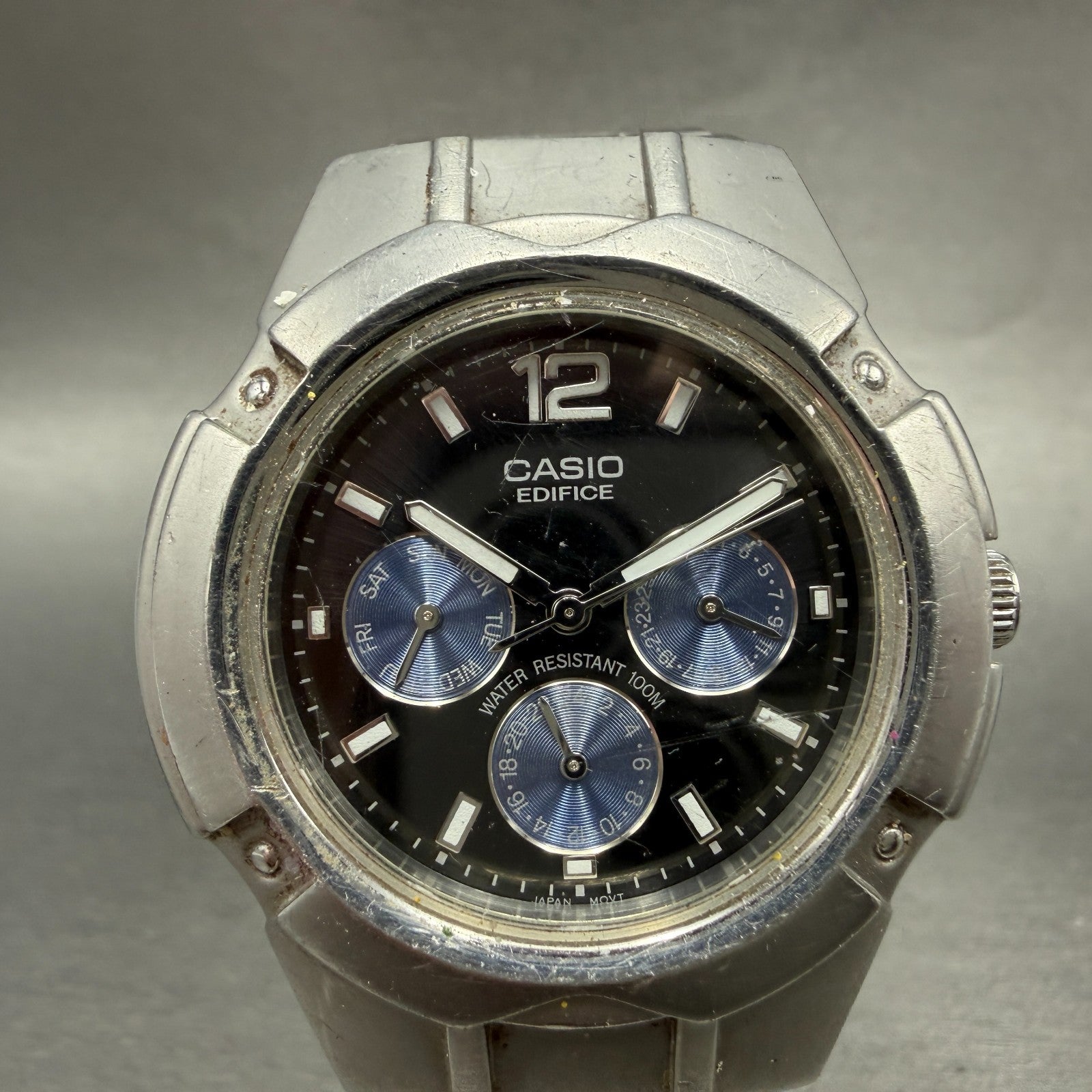 Casio Edifice Watch Men 39mm Black & Blue Dial Steel Daydate EF-303 New Battery0