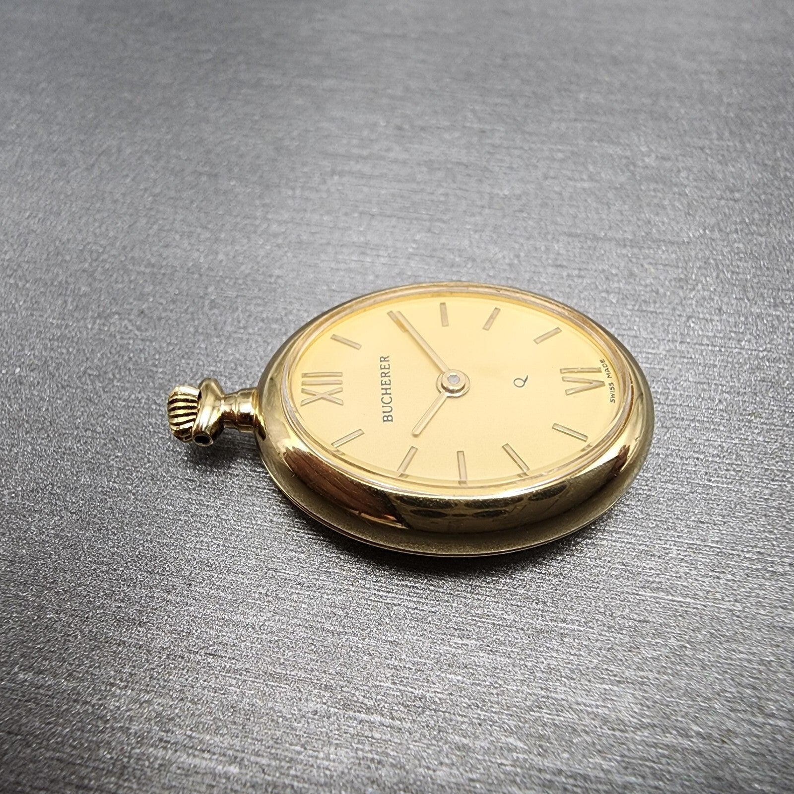 Bucherer Q Pendant Watch Women 20mm Gold Dial Gold Tone Oval New Battery2