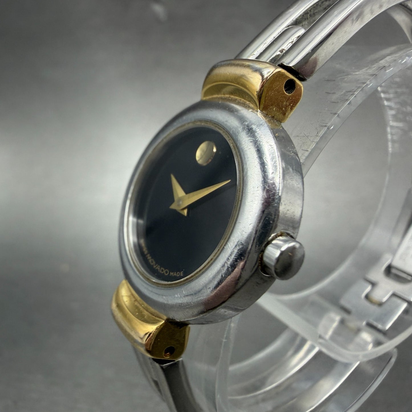 Movado Harmony Watch Women 23mm Black Dial Two Tone bangle Round New Battery NH12