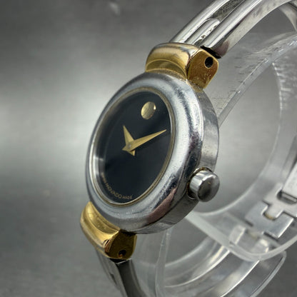 Movado Harmony Watch Women 23mm Black Dial Two Tone bangle Round New Battery NH12