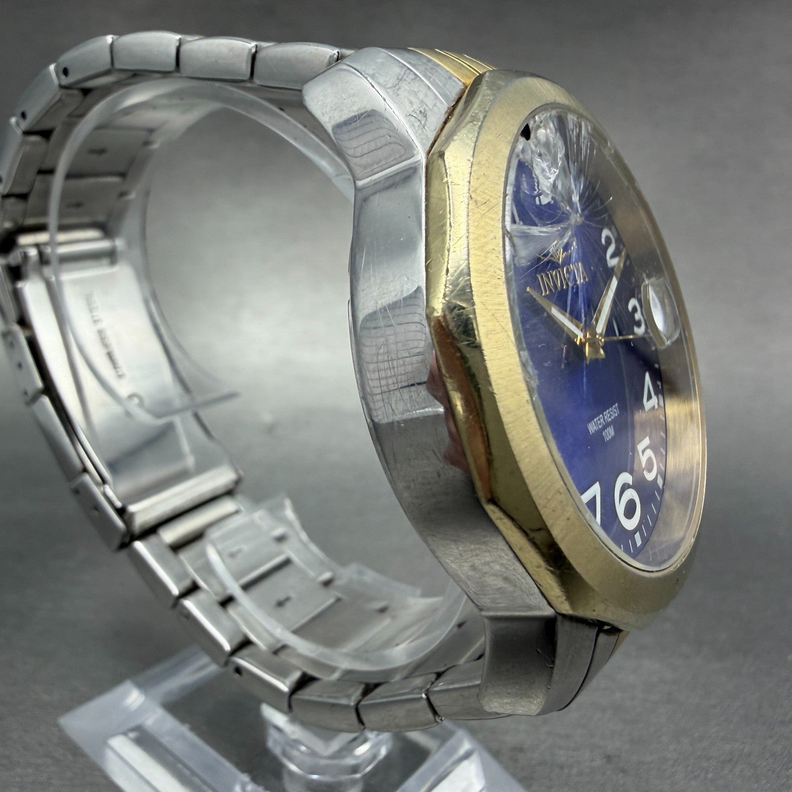 Invicta Watch Men 44mm Blue Dial Two Tone Date Round 6864 CRACKED!!! New battery3