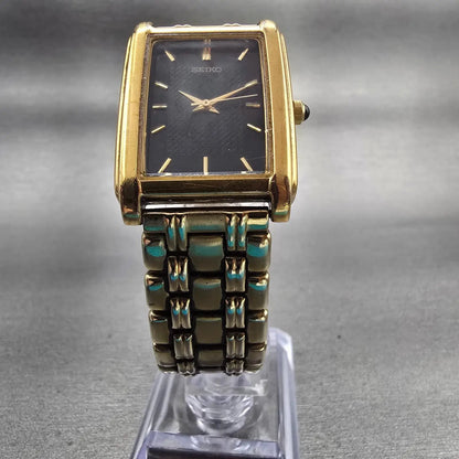Seiko Watch Men 26mm Black Dial Gold Tone Rectangle V701-5E49 New Battery VTG5