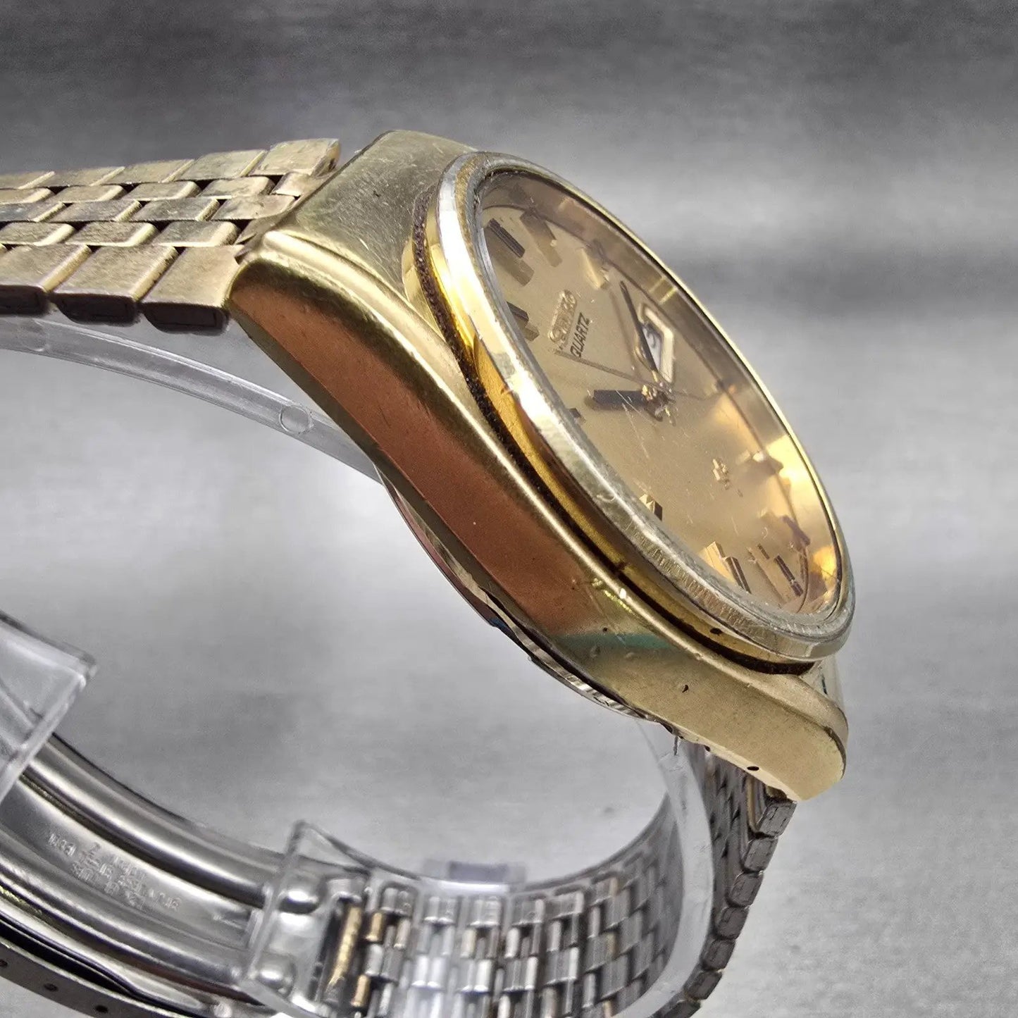 Seiko SQ Watch Men 35mm Gold Dial Gold Tone Daydate Round 7546-8320 New Battery3