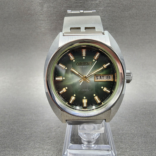Orient Unimatic Watch Men 37mm Green Dial Daydate Steel Cushion f14910660 Runs0