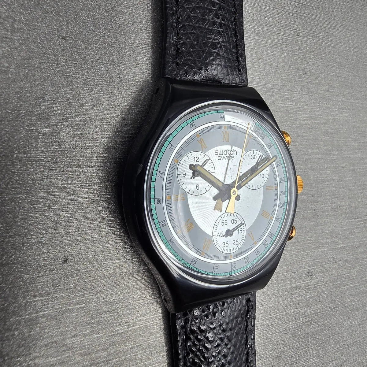 Swatch Chrono Colossal Watch Men 38mm Silver Dial Black Case SCB109 New Batt NOS3