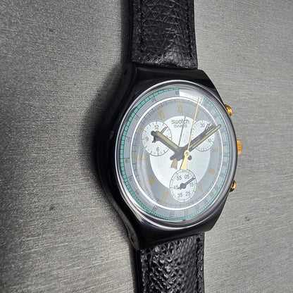 Swatch Chrono Colossal Watch Men 38mm Silver Dial Black Case SCB109 New Batt NOS3