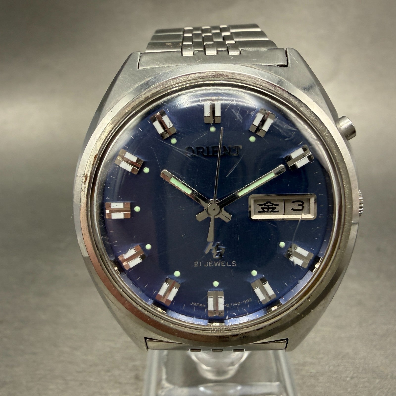 Orient Hi Ace Watch Men 38mm Blue Dial Steel Daydate Round Automatic Runs VTG0