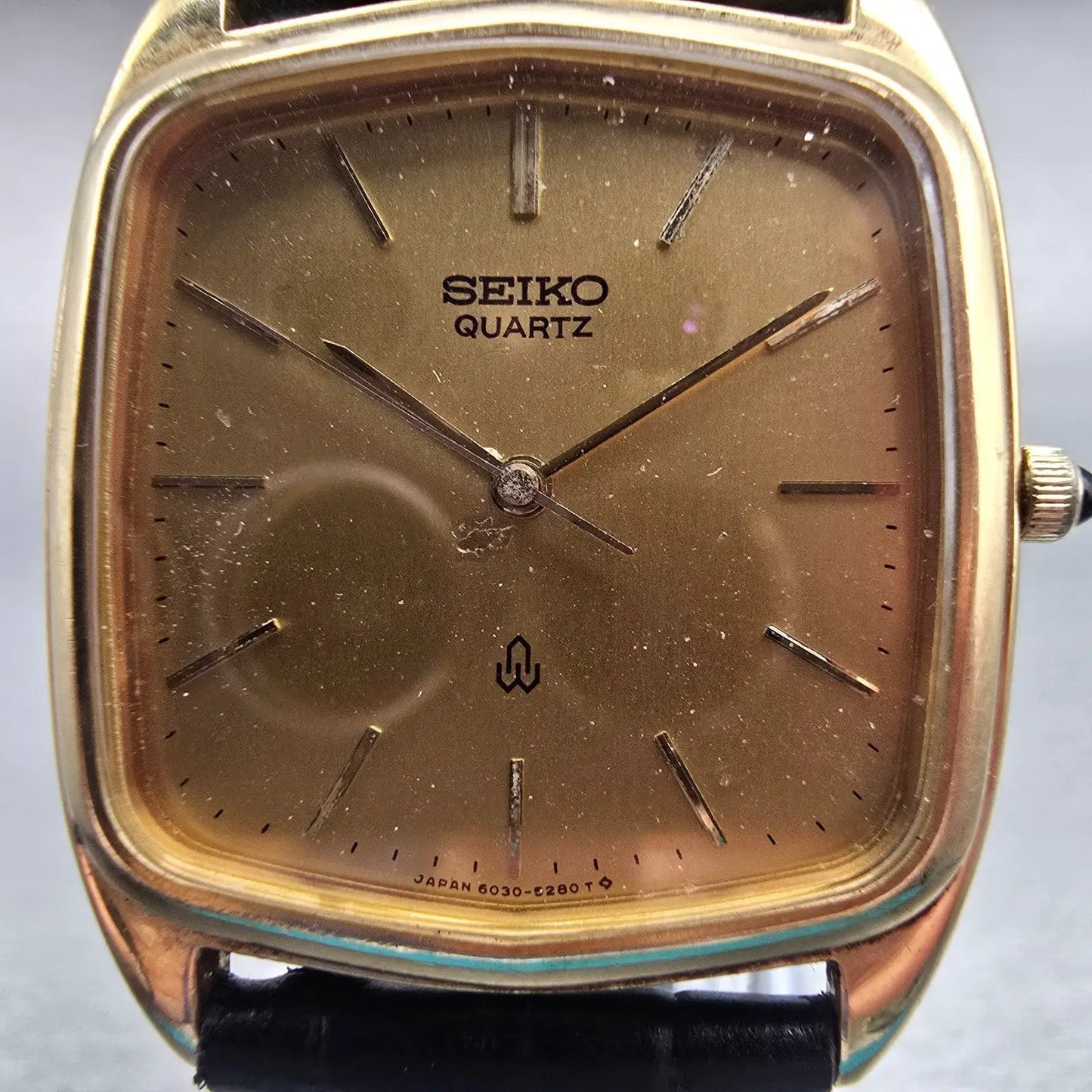 Seiko Watch Men 30mm Gold Dial Gold Tone Rectangle 6030-5250 New Battery Vintage1