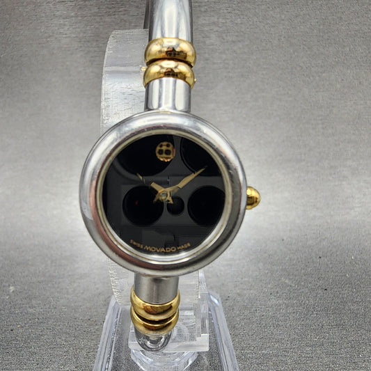Movado Bareleto Watch Women 24mm Black Dial Two Tone Round Bangle New Battery0