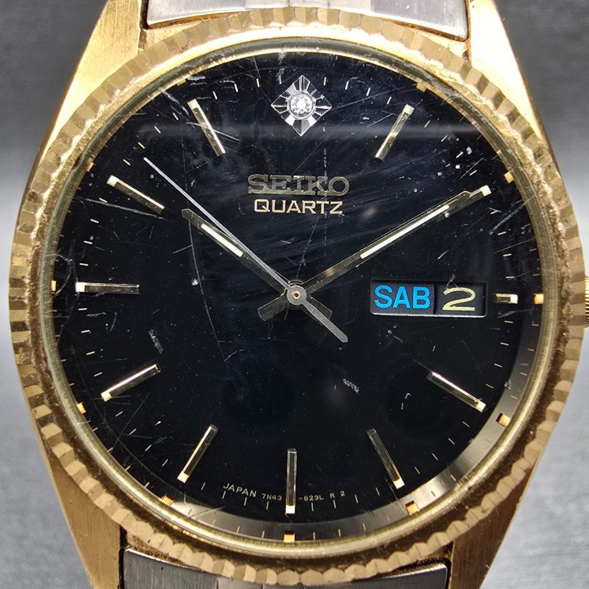 Seiko President Watch Men 35mm Black Dial Gold Tone Daydate 7N43-8119 New Batt1