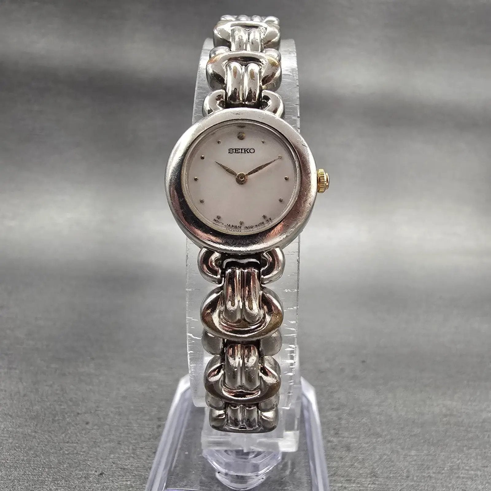 Seiko Watch Women 19mm White Dial Silver Two Round 1N00-1A39 New Battery VTG5