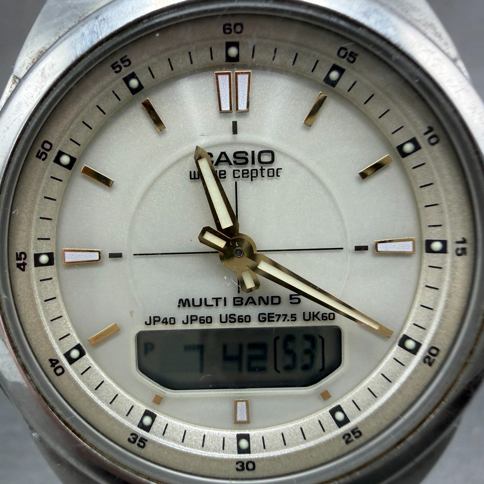Casio Wave Ceptor Solar Watch Men 41mm White Dial Analog Digital Steel Runs LKH1