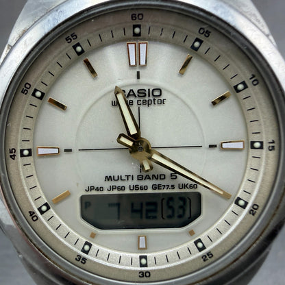 Casio Wave Ceptor Solar Watch Men 41mm White Dial Analog Digital Steel Runs LKH1