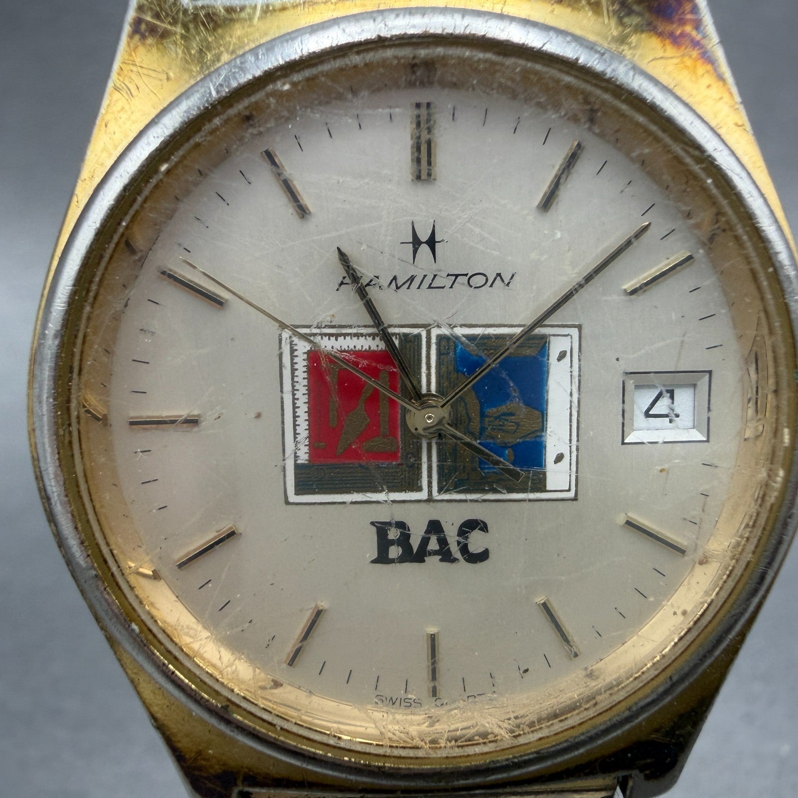 Hamilton Watch Men 34mm Silver Dial Gold Tone Date Round NO CASEBACK PARTS2