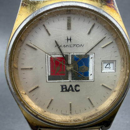 Hamilton Watch Men 34mm Silver Dial Gold Tone Date Round NO CASEBACK PARTS2