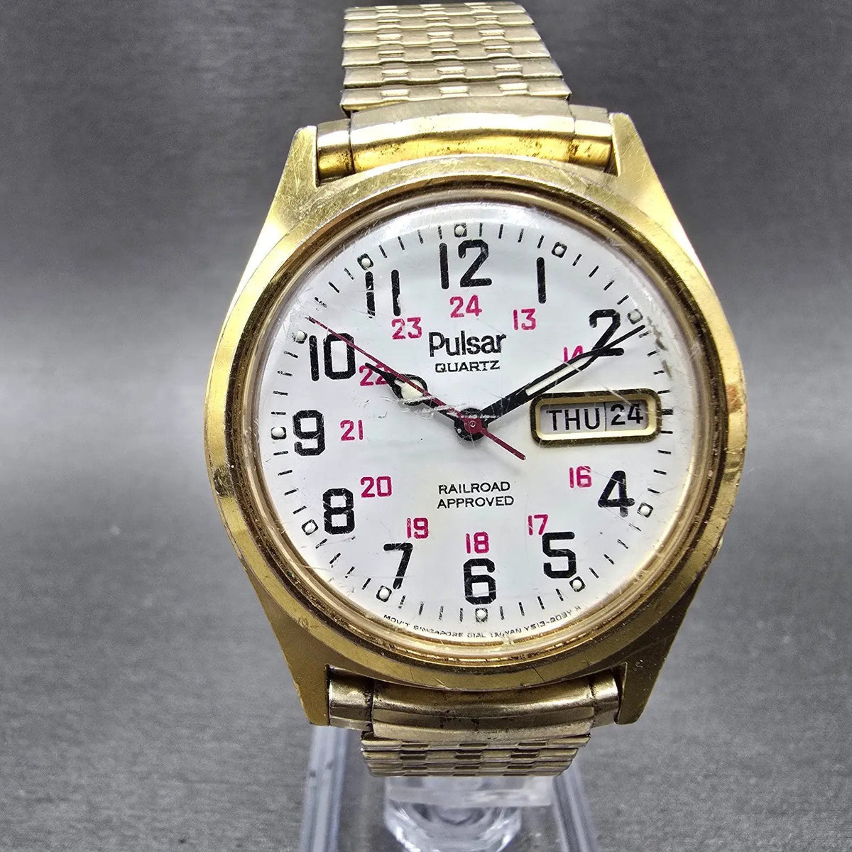 Pulsar Raildroad Approved Watch Men 36mm White Dial Gold Daydate V513 PARTS0