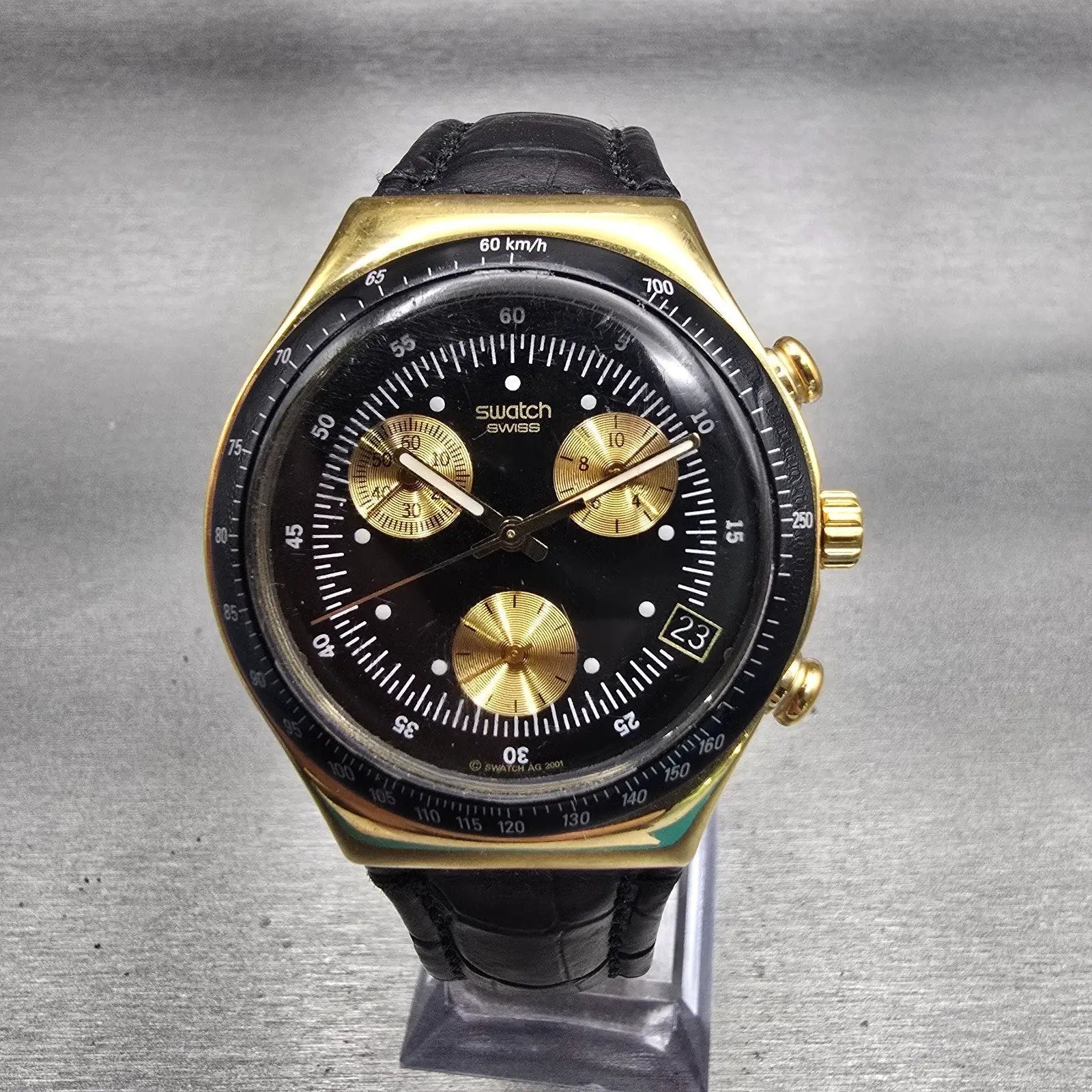 Swatch Irony GOLDFINGER Watch Men Black Dial Gold Case Chrono YCG401 New Battery0