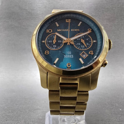 Michale Kors Hunger Stop Chronograph Watch Women 38mm Blue Dial Gold Tone NewBat5