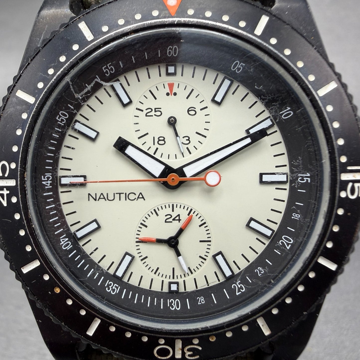 Nautica Dive Watch Men 42mm Cream Dial Black Tone Date Round N11033 New Battery1