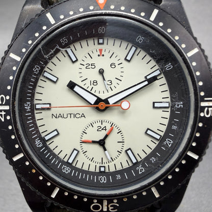 Nautica Dive Watch Men 42mm Cream Dial Black Tone Date Round N11033 New Battery1