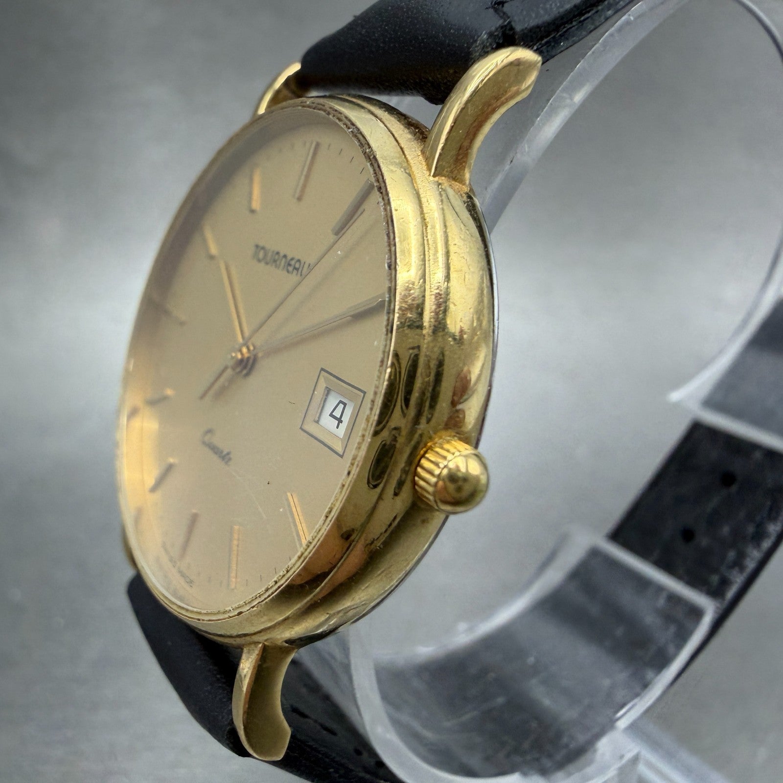 Tourneau Watch men 31mm Gold Dial Gold Tone Date Round 631051 New Battery2