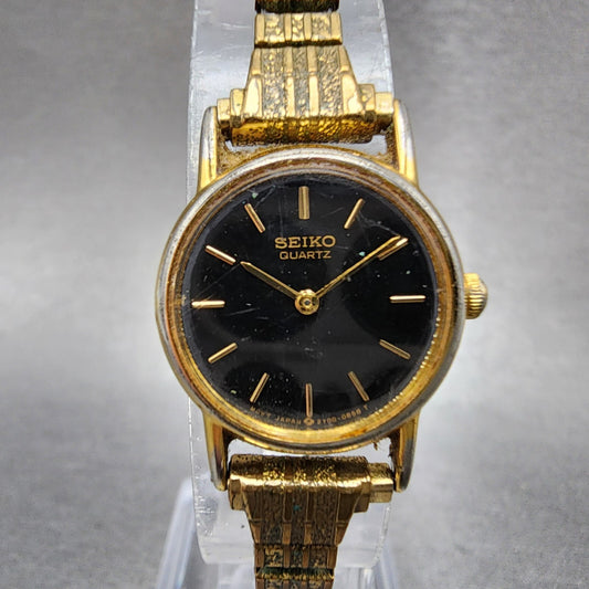 Seiko Watch Women 20mm Black Dial Gold Tone Round 2y000A19 New Battery Vintage0