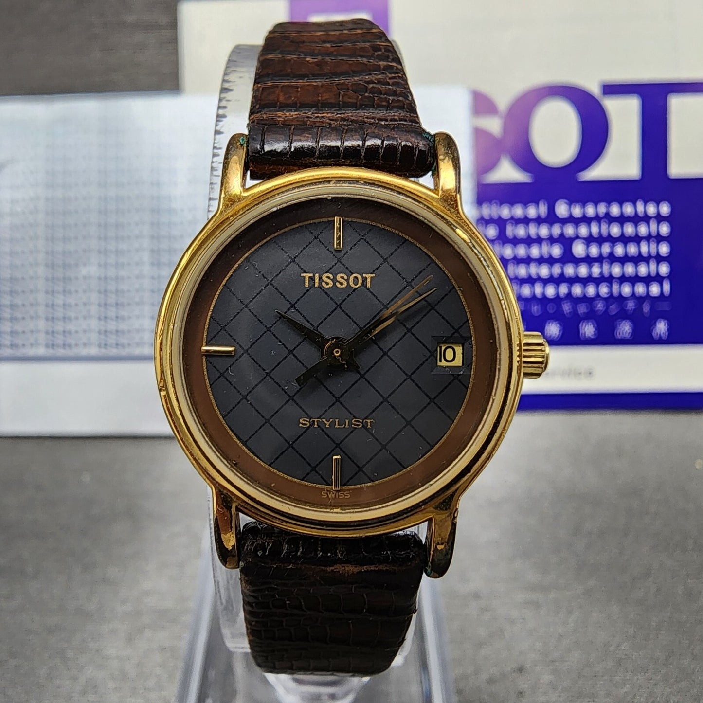 Tissot Stylist Watch Women 23mm Black Dial Gold Tone Date Round New Battery1
