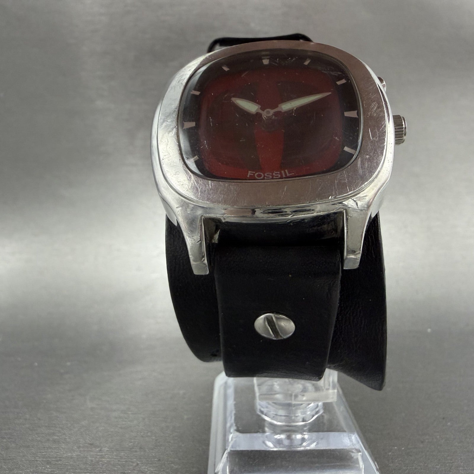 Fossil BigTic Watch Men 39mm Red Dial Silver Tone Square JR8292 New Battery ABC5