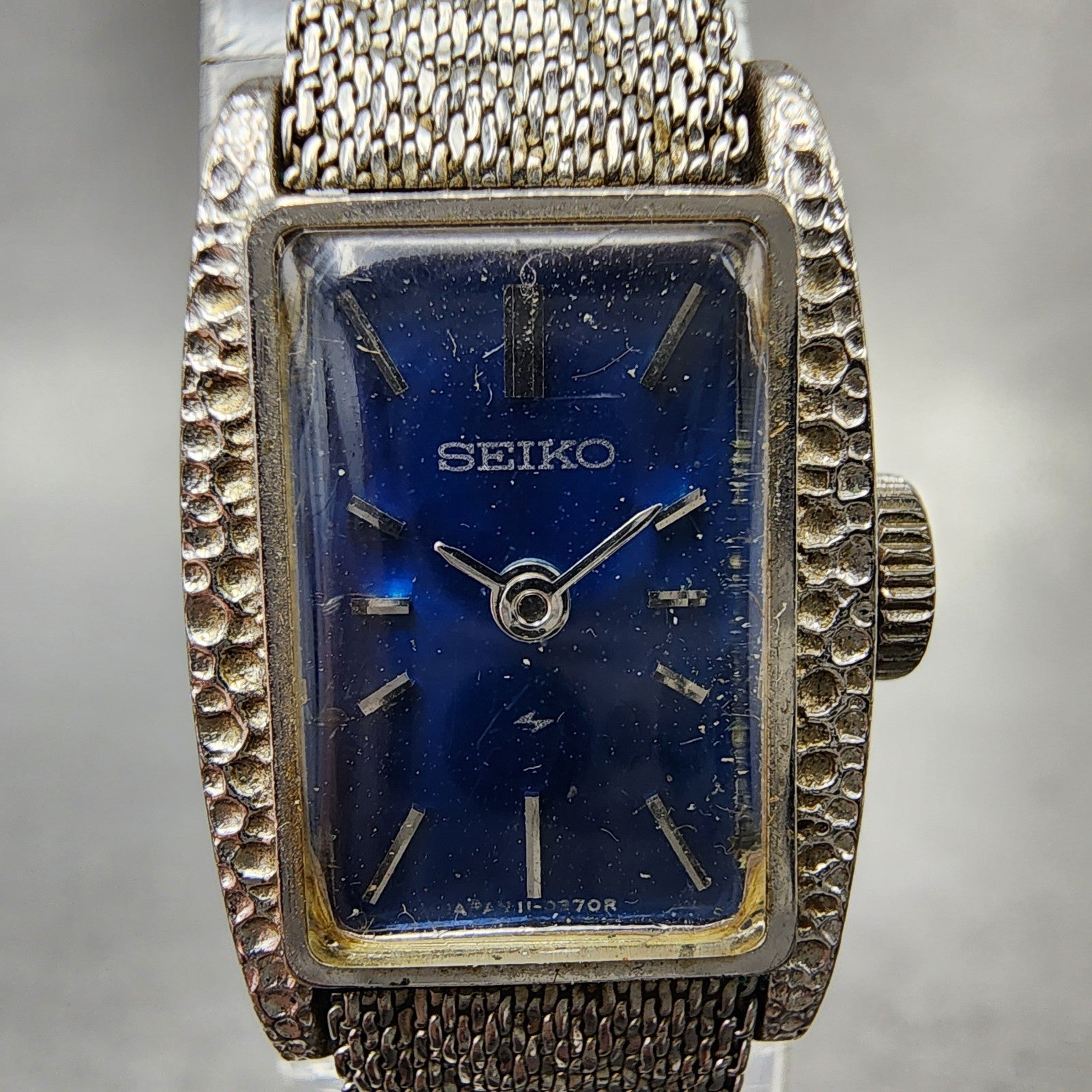 Seiko Tank Watch Women 15mm Blue Dial Silver Tone Rectangle 113189 Manual Runs1