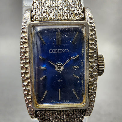 Seiko Tank Watch Women 15mm Blue Dial Silver Tone Rectangle 113189 Manual Runs1