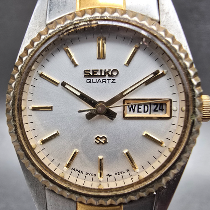 Seiko SQ Watch Women 23mm Silver Dial Two Tone Daydate Round 3Y03-0169 NewBat JP1