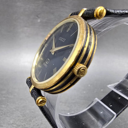Gucci 2000M Watch Men 30mm Black Dial Gold Plated Leather Round New Battery VTGA2
