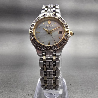 Citizen Eco-Drive Watch Women 25mm MOP Dial Two Tone Date Diamonds E011 Works5