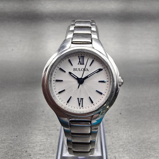 Bulova Watch Women 28mm White Dial Silver Tone Round 96L215 New Battery0