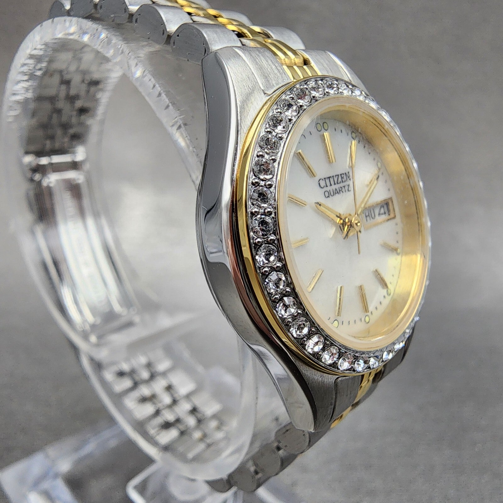 Citizen Watch Women 26mm MOP Dial Crystal Bezel Two Tone Daydate EQ053450D3