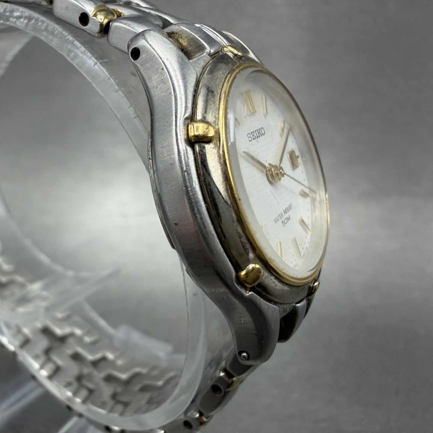 Seiko Watch Women 26mm White Dial Two Tone Date Round 7n82-0599 New Battery JKGL3