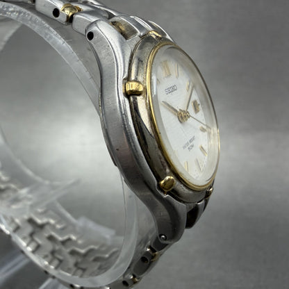 Seiko Watch Women 26mm White Dial Two Tone Date Round 7n82-0599 New Battery JKGL3