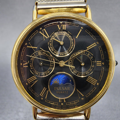 Pulsar Sun Moon Watch Men 32mm Black Dial Gold Tone Daydate Month New Battery1