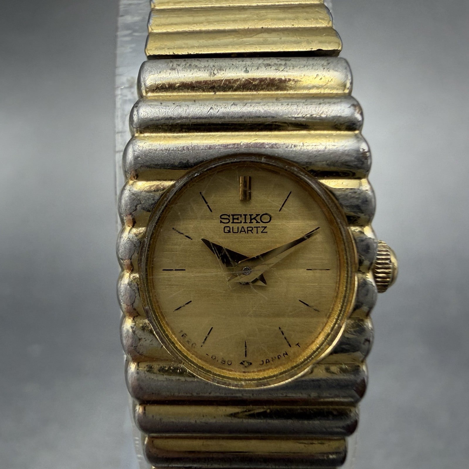 Seiko Watch Women 14mm Champagne Dial Gold Tone Rectangle 1E20-5099 New Battery1