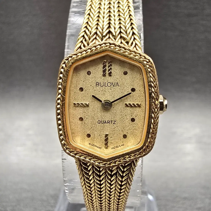 Bulova Watch Women 17mm Gold Dial Gold Tone Hexagon 92K40 New Battery0