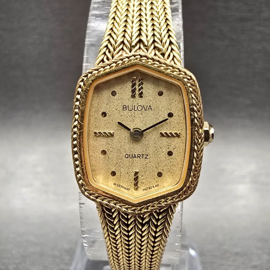 Bulova Watch Women 17mm Gold Dial Gold Tone Hexagon 92K40 New Battery0