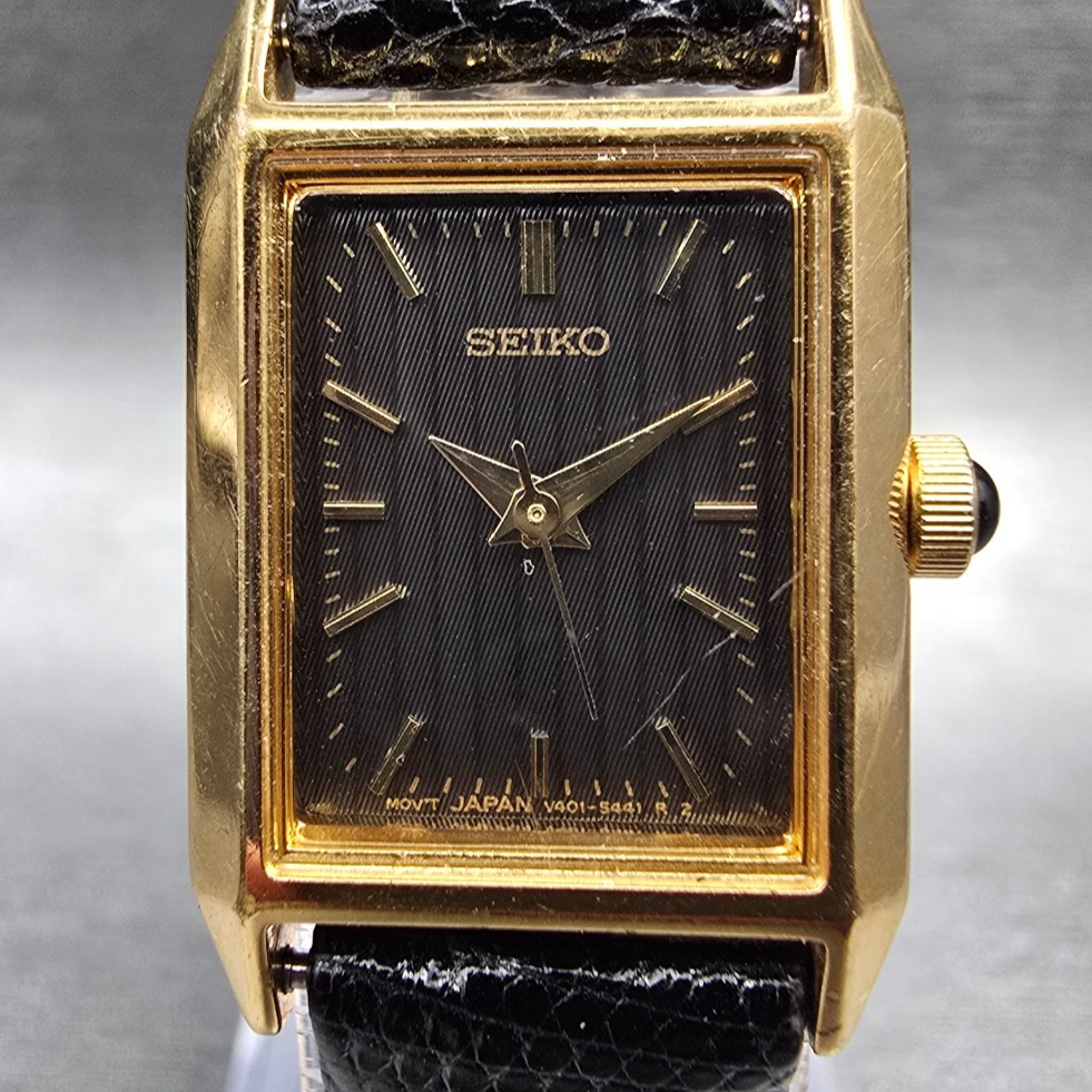Seiko Tank Watch Women 18mm Black Dial Gold Rectangle V401-5670 New Battery1