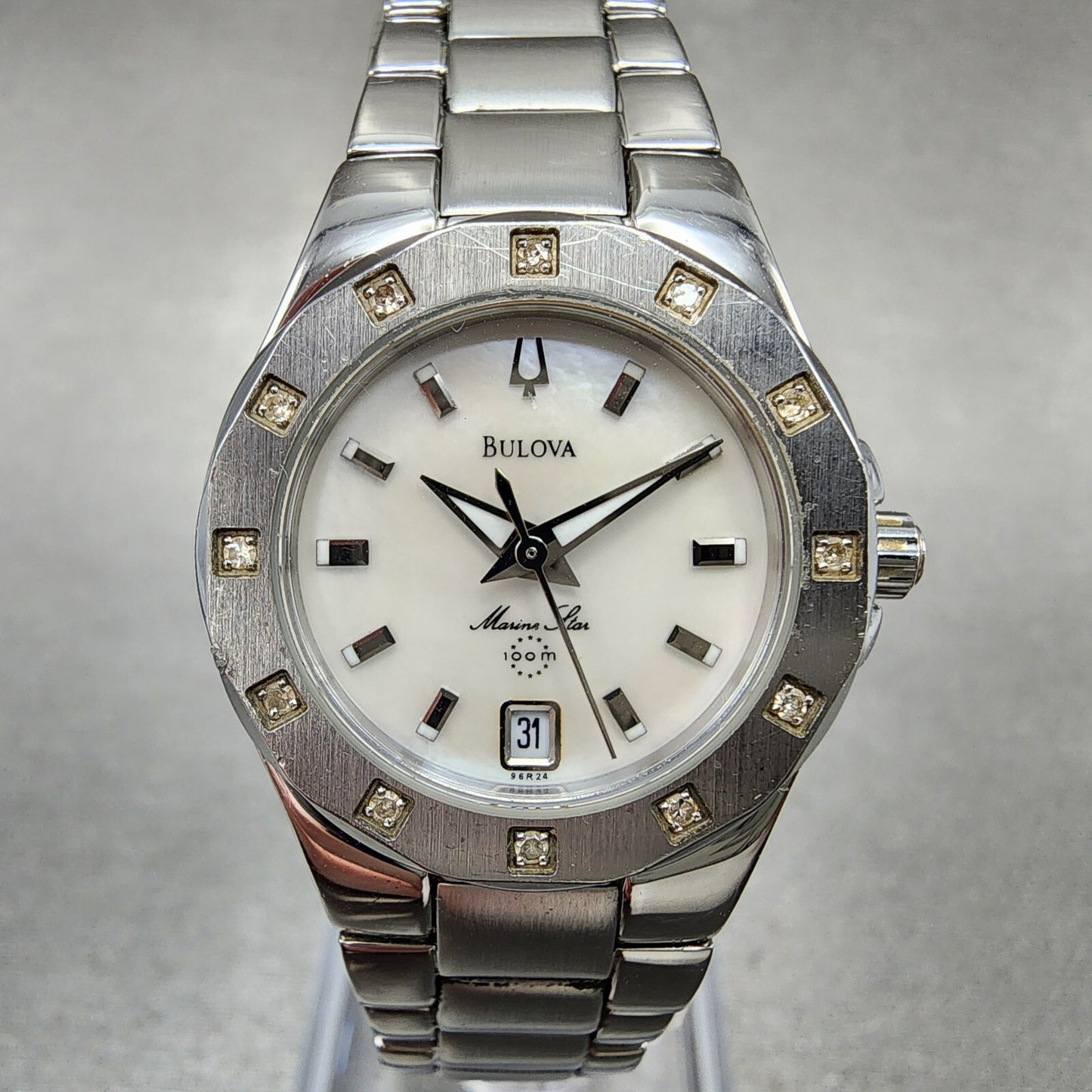Bulova Marine Star Watch Women 25mm MOP Dial Silver Tone Date 96r24 New Battery0