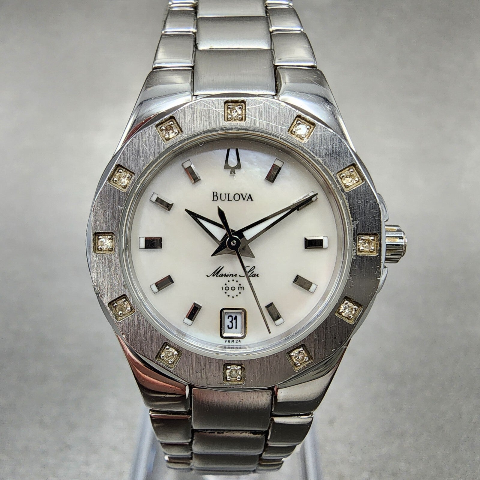 Bulova Marine Star Watch Women 25mm MOP Dial Silver Tone Date 96r24 New Battery0